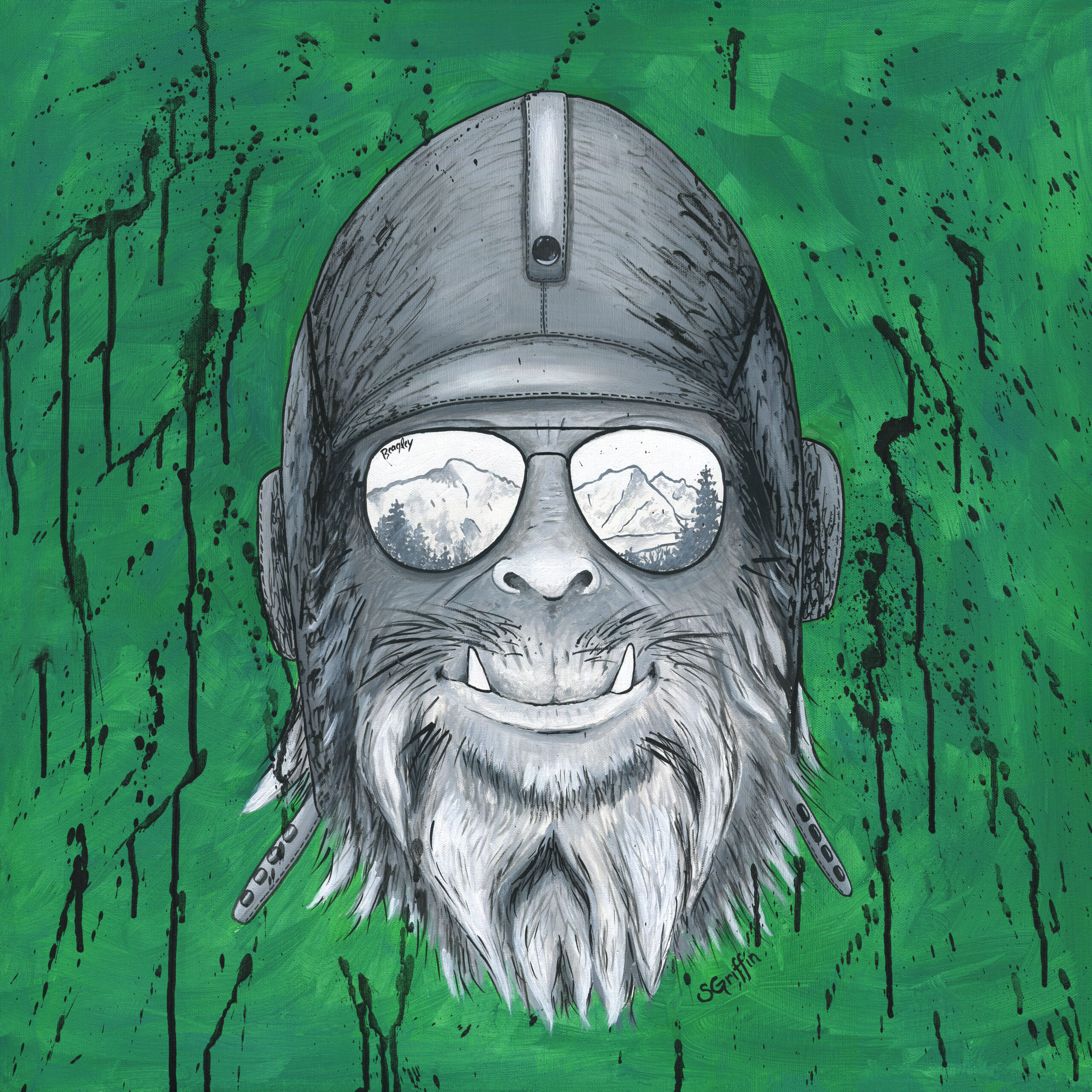 Greyscale Sasquatch face with WWII pilot helmet and aviator glasses reflecting the mountains of the Pacific Northwest. Background is green with black splatter paint details.